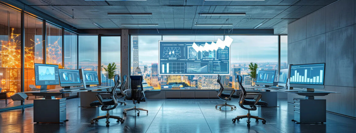 A modern office room filled with multiple computers and monitors, symbolizing AI connectivity in business intelligence.